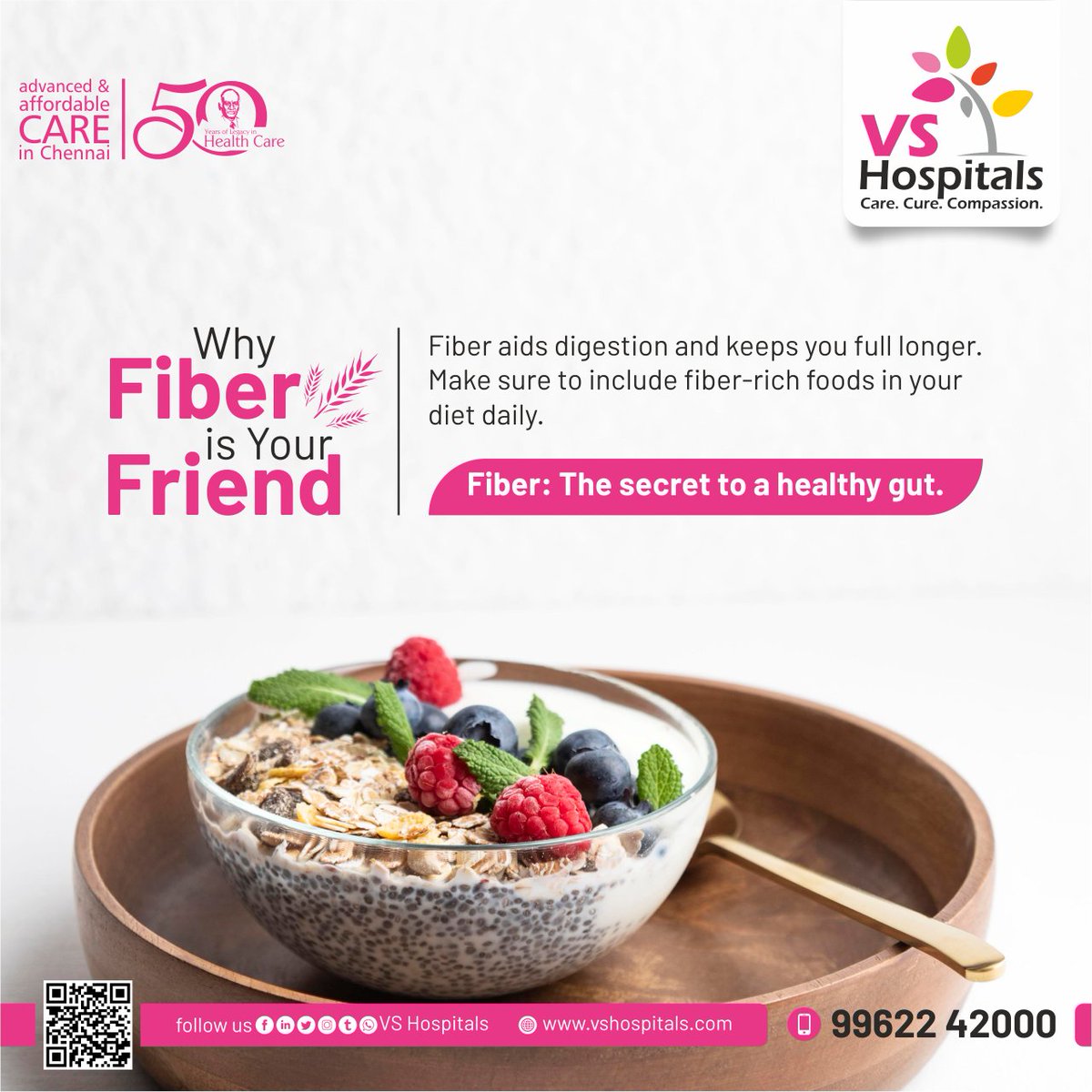 Kickstart National Nutrition Week 2024!

 Why Fiber is Your Friend
 
 Fiber aids digestion and keeps you full longer. Make sure to include fiber-rich foods in your diet daily.
 
 "Fiber: The secret to a healthy gut."
 
 #VSHospitals #Chennai #FiberRich #DigestiveHealth