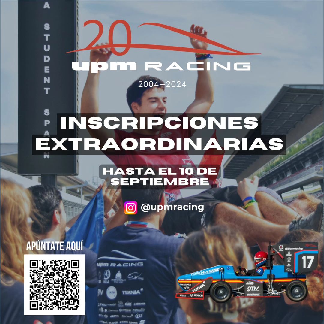 Universidad Politécnica de Madrid (@la_upm) on Twitter photo 🏎️Construir desde cero un nuevo monoplaza de carbono 100% eléctrico y competir en los principales circuitos europeos. Eso es solo parte de lo que te espera si te unes a <a href="/UPMRacing/">UPM Racing</a>.
➡️¿Te apuntas? short.upm.es/hpjd2
🗓️Hasta el 10/09
#somosUPM #estudiantesUPM 🏎️Construir desde cero un nuevo monoplaza de carbono 100% eléctrico y competir en los principales circuitos europeos. Eso es solo parte de lo que te espera si te unes a <a href="/UPMRacing/">UPM Racing</a>.
➡️¿Te apuntas? short.upm.es/hpjd2
🗓️Hasta el 10/09
#somosUPM #estudiantesUPM