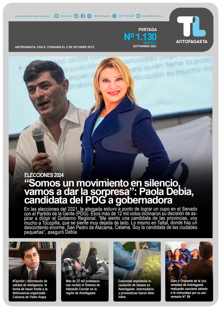 TLAntofagasta's tweet photo. #PortadaTL | #Antofagasta | Te invitamos a revisar nuestra portada de hoy martes 03 de septiembre 2024
Lee todas estas notas y más en https://t.co/k1mgIhGo6g
Revisa la nota principal en el siguiente link:
https://t.co/MKpxlaapTr https://t.co/7TDFa2phUD