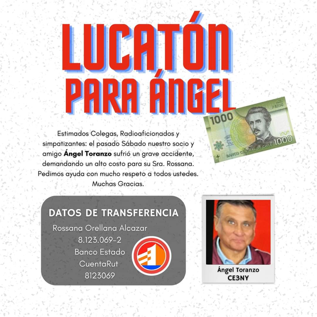 LUCATON para ir en ayuda de Angel #CE3NY. Les pedimos a todos nos puedan ayudar. Los datos de transferencia bancaria son los siguientes:
 
Rossana Orellana Alcazar
RUT 8123069-2
Cuenta RUT 8123069
Banco Estado.

Desde ya muchas gracias