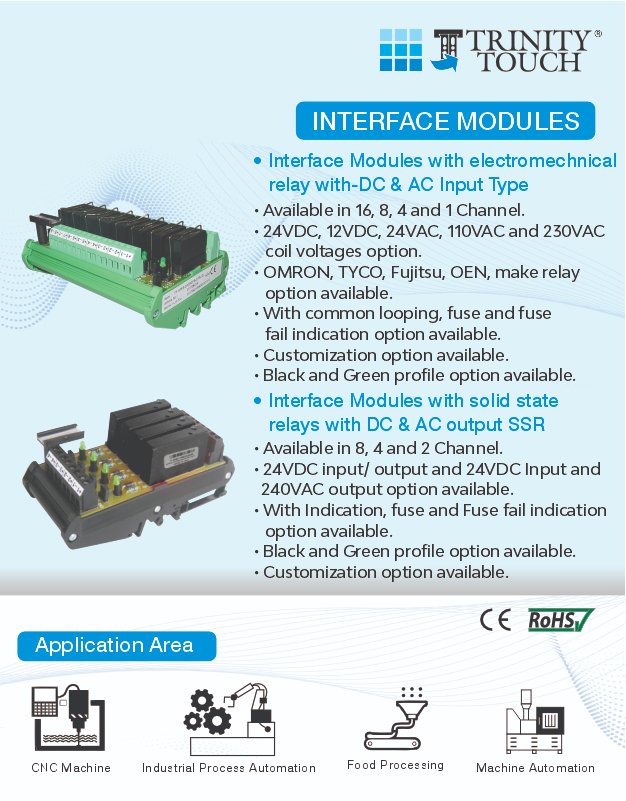 TrinityTouch's tweet image. Interface modules with Electromechanical &amp;amp; solid-state relays

For inquiries, contact us at:

 📷 +91.11.71200900 or WhatsApp at +91 9911717900
📷 postmaster@trinitytouch.com
📷 trinitytouch.com

#InterfaceModules #ElectricalIndustrialComponents #MakeInIndia #Manufacturing