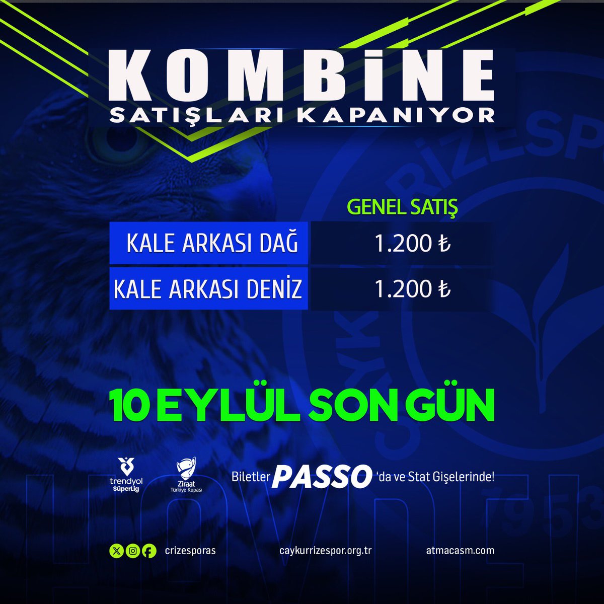 Kombine satışlarımız 10 Eylül’de sona erecek.

2024-2025 yılı kombine satışlarımız 10 Eylül 2024 salı günü saat 17:00’da sona erecektir. Kombine satışlarımız ilgili tarihe kadar kale arkası dağ/kale arkası deniz tribünleri olarak devam edecektir.

Diğer bölümlerde kombine