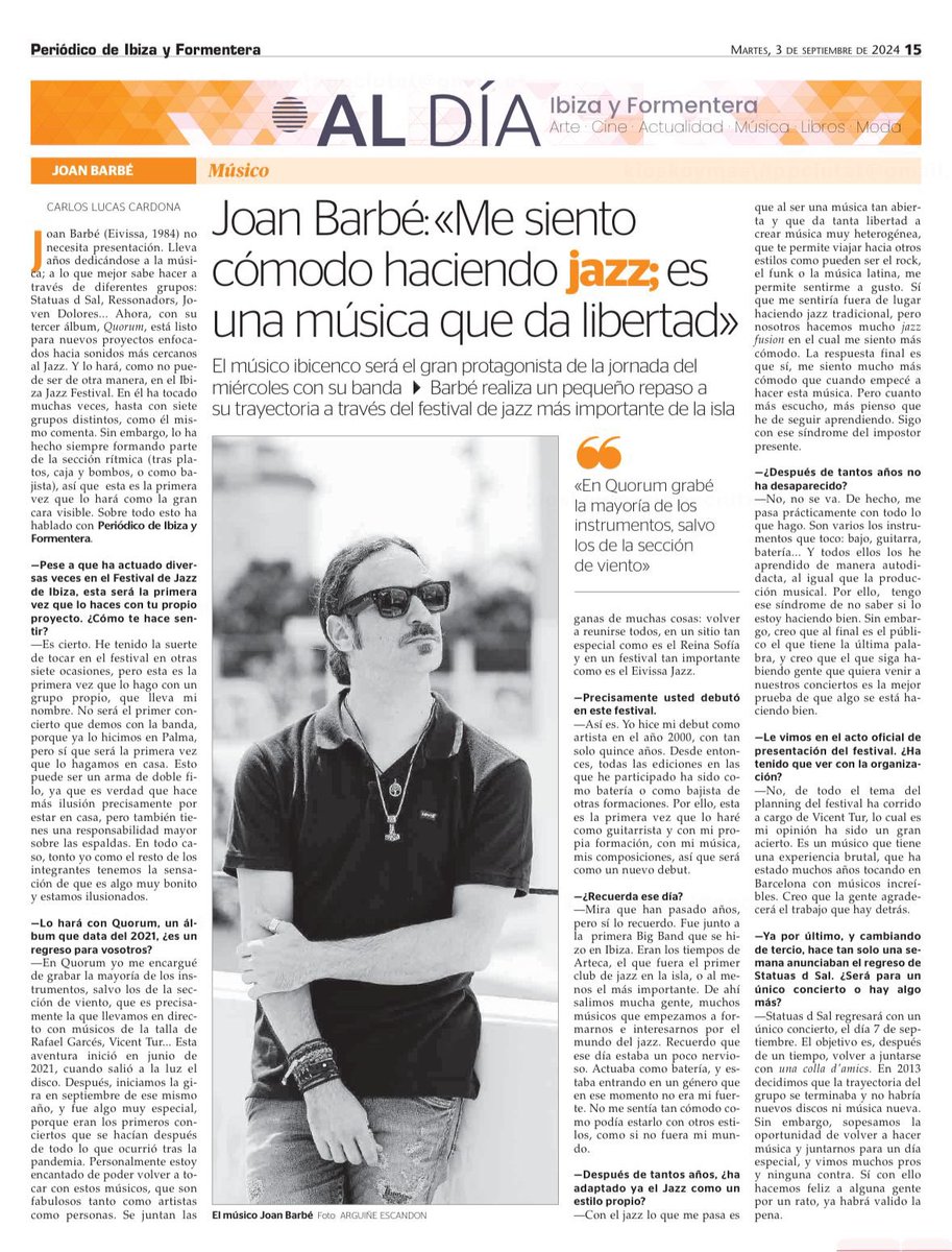 Nos vemos este miércoles con el #JoanBarbéGroup en el Eivissa Jazz Festival.

Parque Reina Sofía • 22h • gratuito

📰 <a href="/periodicibiza/">Periódico de Ibiza</a> 

periodicodeibiza.es/pitiusas/aldia…