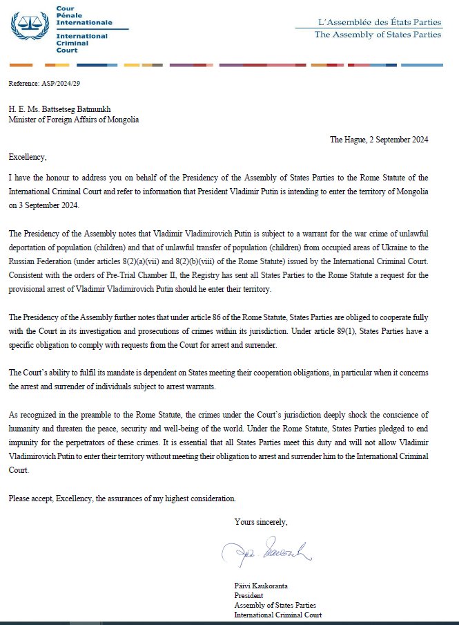 ASP Presidency sent a letter on 2 September to MFA Mongolia recalling #Rome Statute obligations of all States Parties to arrest and surrender any person subject to an #ICC arrest warrant.