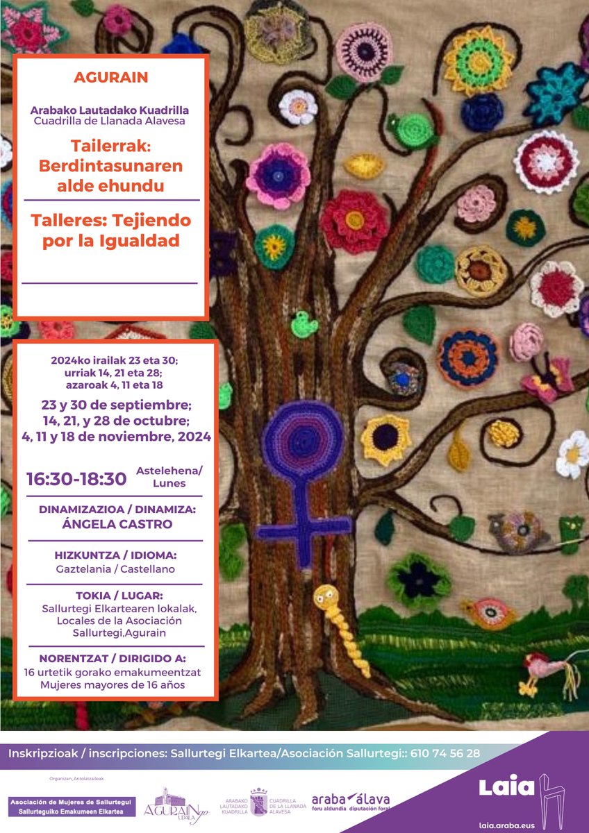 🪞 Tejiendo por la Igualdad
📆 23 y 30 de septiembre, 2024/ 14, 21, y 28 de octubre/4, 11 y 18 de noviembre, 2024, horario: Lunes, 16:30-18:30
📍 Local de la Asociación Sallurtegi, Agurain

👉🏼 laia.araba.eus/es/web/laia/-/…