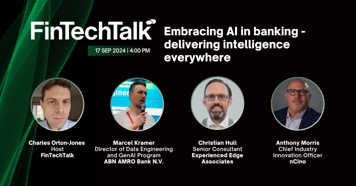 Business Reporter (@biznessreporter) on Twitter photo 🚀 Exciting news! Join us on 17th Sept for an insightful #FinTechTalk on AI in banking, hosted by <a href="/CharlesOJ/">Charles Orton-Jones</a>. Featuring top experts from <a href="/ABNAMRO/">ABN AMRO</a>, Experienced Edge Associates, and <a href="/ncino/">nCino</a>. Don't miss out!
👉 Sign up: business-reporter.co.uk/fintechtalk/em…
#AI #Banking #Innovation 🚀 Exciting news! Join us on 17th Sept for an insightful #FinTechTalk on AI in banking, hosted by <a href="/CharlesOJ/">Charles Orton-Jones</a>. Featuring top experts from <a href="/ABNAMRO/">ABN AMRO</a>, Experienced Edge Associates, and <a href="/ncino/">nCino</a>. Don't miss out!
👉 Sign up: business-reporter.co.uk/fintechtalk/em…
#AI #Banking #Innovation