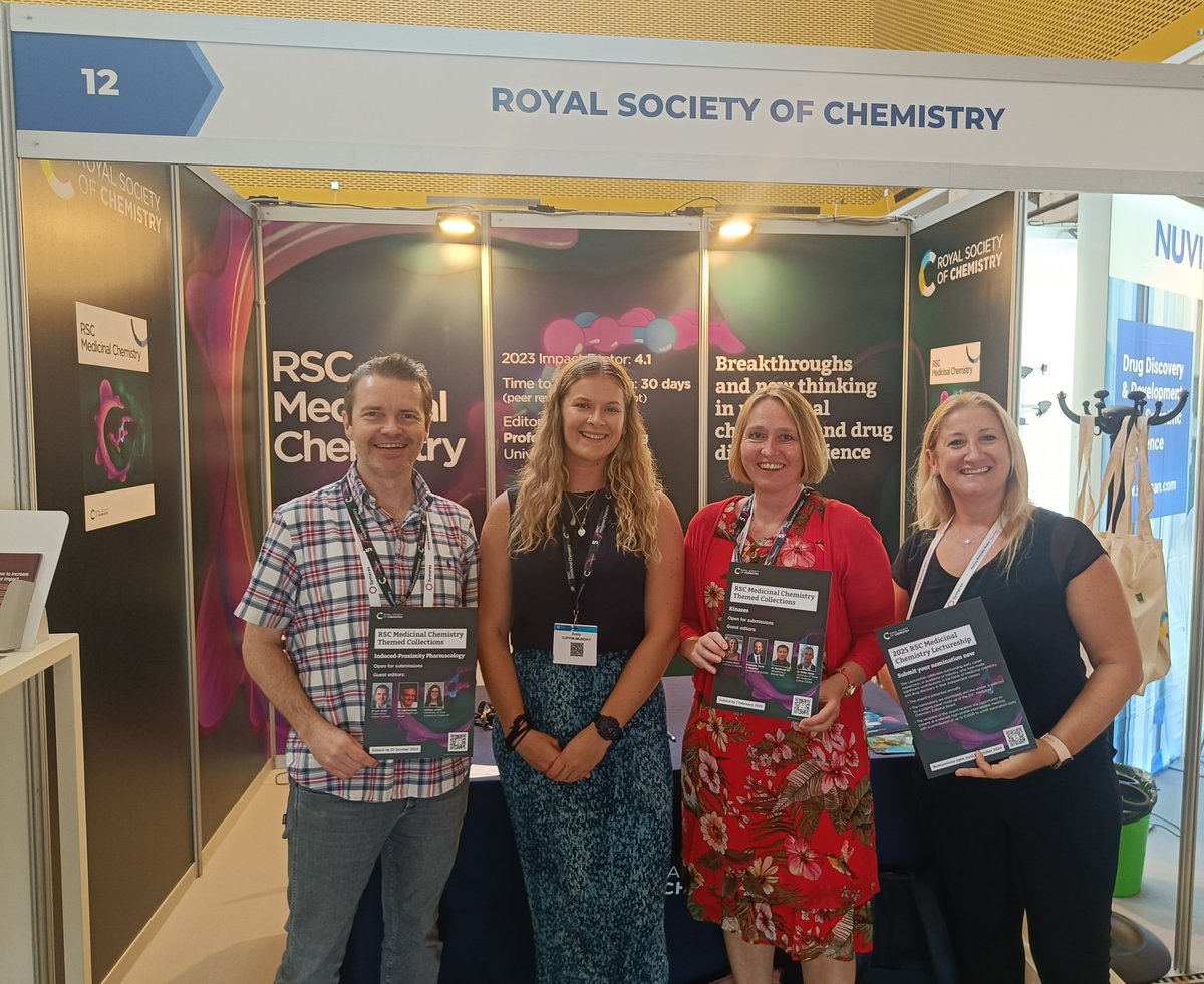 Emily Cuffin-Munday (@emily_cm98) on Twitter photo Look out for <a href="/rsc_medchem/">RSC Medicinal Chemistry</a> Editorial Board members, <a href="/LynJonesChemBio/">Lyn Jones</a>, Hayley Binch and <a href="/MariaDuca_CNRS/">Maria Duca</a>, at the EFMC-ISMC this week!
Make sure you chat with them about their themed collections that are open for submissions and more about what's coming up for our journal👀 Look out for <a href="/rsc_medchem/">RSC Medicinal Chemistry</a> Editorial Board members, <a href="/LynJonesChemBio/">Lyn Jones</a>, Hayley Binch and <a href="/MariaDuca_CNRS/">Maria Duca</a>, at the EFMC-ISMC this week!
Make sure you chat with them about their themed collections that are open for submissions and more about what's coming up for our journal👀