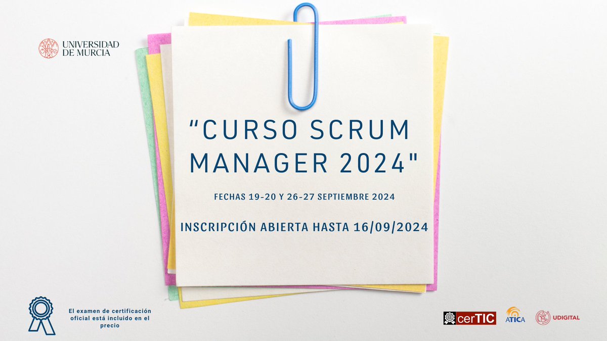 📣¡No te quedes sin tu plaza! 
Curso en Gestión Ágil de Proyectos #ScrumManager
📩Últimos días para inscribirte cursos.um.es/cursos/alumnos…
➕ Info ⤵️
certic.um.es/web/certic/scr…

#cerTIC #formación #UMU