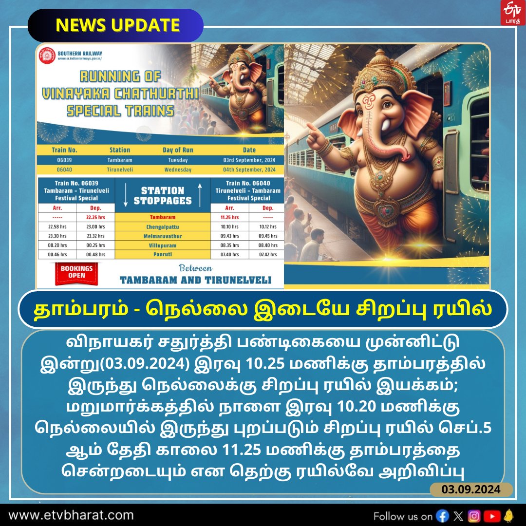 ETVBharatTN's tweet image. தாம்பரம் - நெல்லை இடையே சிறப்பு ரயில்

#VinayakarChathurthi #SpecialTrain #TambaramToTirunelveli #SouthernRailway #ETVBharatTamil

@GMSRailway