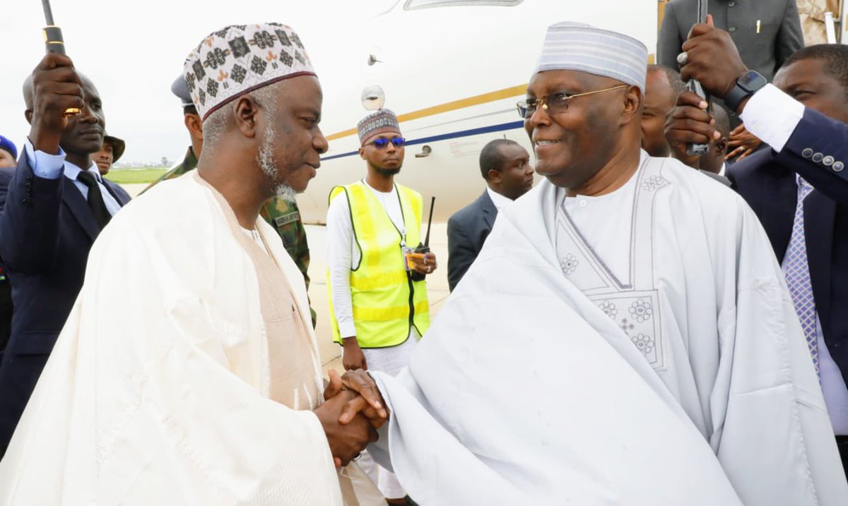 atiku's tweet photo. I just arrived in Katsina for the funeral prayers of Hajia Aya Dada Yar’Adua, the mother of my late mentor, Tafida Shehu Yar’Adua, our former late President Umaru Musa Yar’Adua, serving Senator Abdulaziz Yar’Adua, among others. My delegation was received by the Katsina State Deputy Governor, Alhaji Faruk Lawal Jobe, and other government officials at the Katsina Airport. -AA