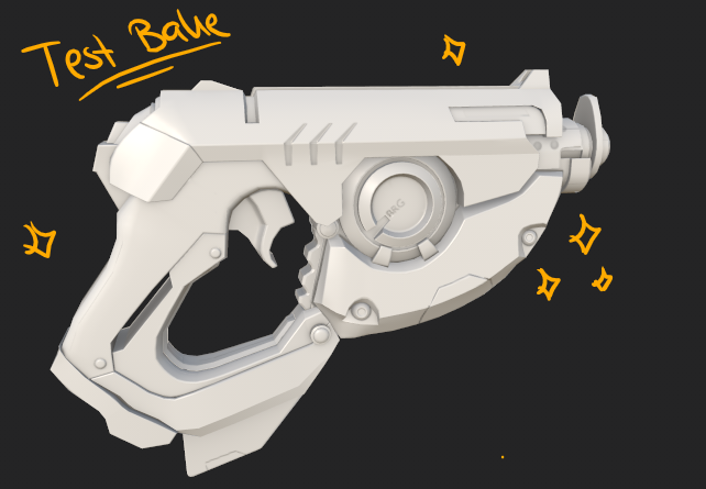 ⚡️Tracer Slipstream Pistol
Highpoly ✅
Lowpoly✅
Test Bake (with very fast ugly UVs)✅

--> now let´s do some pretty UVs 😊