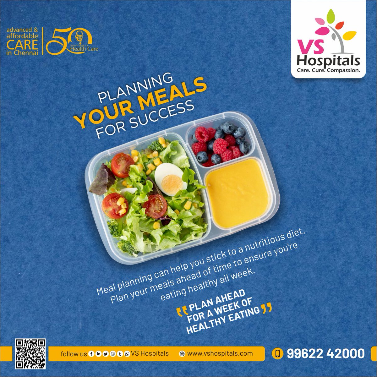 Kickstart National Nutrition Week 2024!
 
Planning Your Meals for Success
 
Meal planning can help you stick to a nutritious diet. Plan your meals ahead of time to ensure you’re eating healthy all week.
 
 "Plan ahead for a week of healthy eating."
 
 #VSHospitals #Chennai