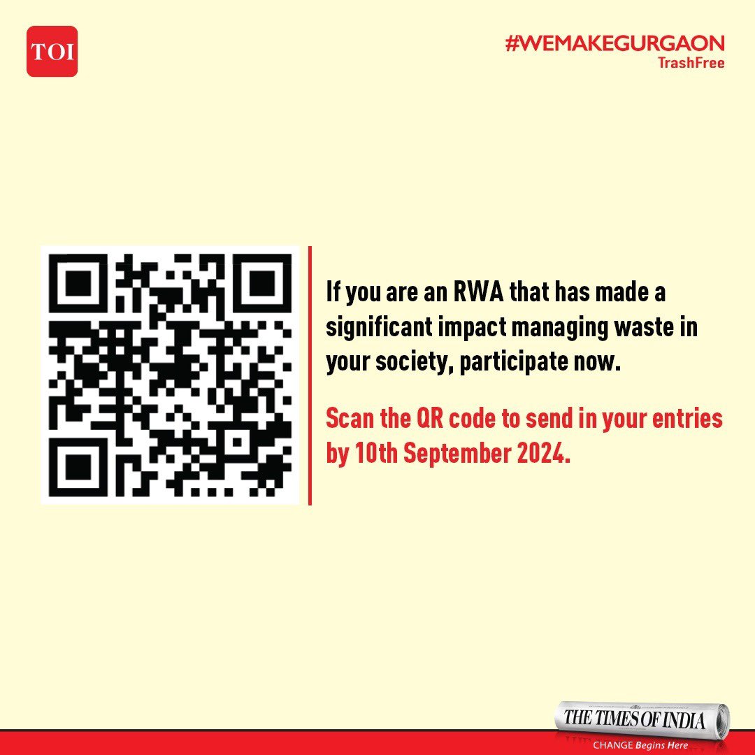 RWAs with innovative waste solutions, participate &amp; stand a chance to be featured in TOI.

Scan the QR code or visit bit.ly/TOI-Wemakegurg… to send in your entries by 10.09.2024

For your copy of TOI, call 1800 1200 004 or visit subscribe.timesofindia.com