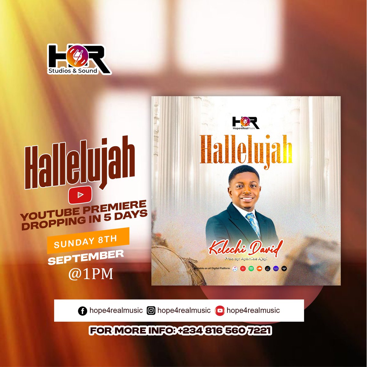 hope4realmusic's tweet photo. Get Ready! ๐ Only 5 Days Left Until David Kelechi's New Video "HALLELUJAH" Drops! ๐ Join Us on September 8th for an Exclusive Release from Hope4real Music Label. Donโt Miss Out! ๐ถ
#5DaysToGo
#DavidKelechi
#NewVideoAlert
#Hope4realMusic
#CountdownBegins
#MusicRelease https://t.co/ncLGFIXhHV