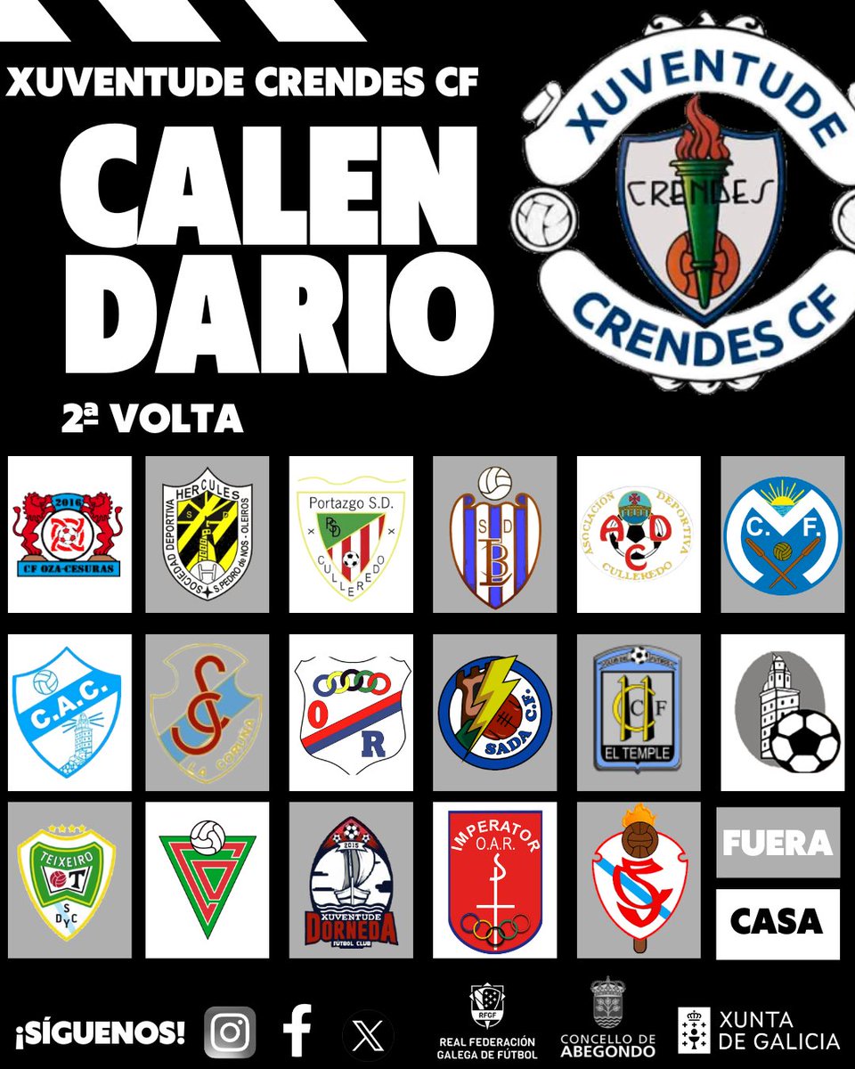 XCrendes's tweet photo. XA TEMOS CALENDARIO 📆 ⚽️

🔜Comezamos a Liga visitando aos veciños do CF OzaCesuras a fin de semana do 14-15 de Septembro

Aquí tedes a orde dos partidos da 1ª e 2ª volta da Liga! 

#XuventudeCrendes2425 https://t.co/neYZJas5i9