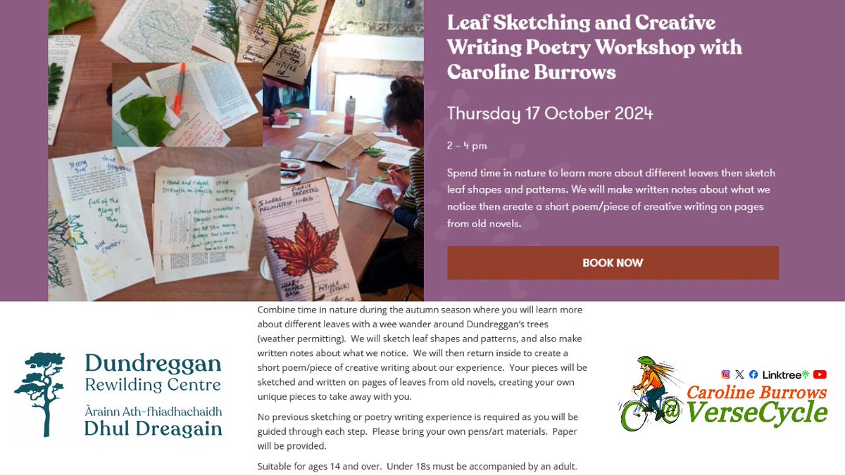 'Leaf Sketching and Creative Writing Poetry Workshop' creative writing/poetry workshop. Oct Thur 17th Tickets: treesforlife.digitickets.co.uk/event-tickets/…
<a href="/VisitDundreggan/">Dundreggan Rewilding Centre</a>
#dundregganrewildingcentre #dundreggan #treesforlife #poetryworkshop #naturewriting #naturesketching #cyclepoet #treesforlife