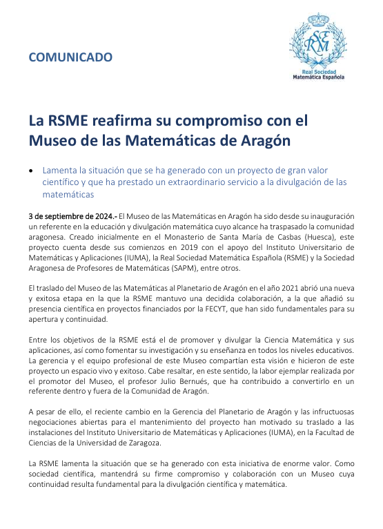 RealSocMatEsp's tweet photo. 🔵 La #RSME reafirma su compromiso con el Museo de las Matemáticas de Aragón

Lamenta la situación generada con un proyecto de gran valor científico que ha prestado un extraordinario servicio a la divulgación de las #matematicas

➡️ https://t.co/OXHMqLqzKj https://t.co/VKo3jKfcLW