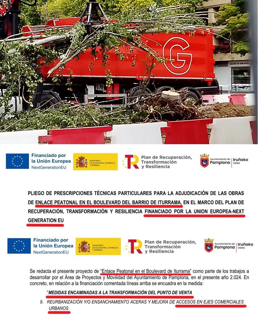 SOSterritorios's tweet photo. 🟥@Pamplona_ayto utiliza los #FondosNextGeneration de la #UniónEuropea para realizar #TalasMasivas.
Es puro #Negacionismo, actúan como si la #EmergenciaClimática y el #CambioClimático no existieran.
Además, por un boulevard #Peatonal NO pueden circular motos, coches, autobuses... https://t.co/fXOx87tEMP