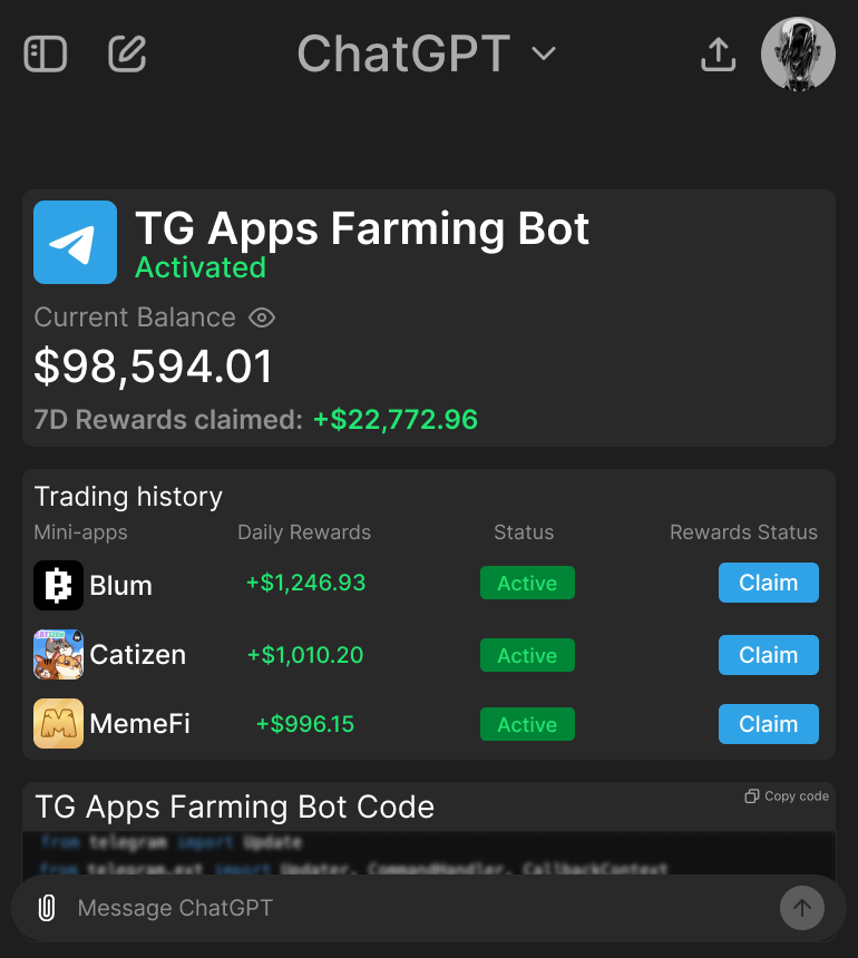 0xchromium's tweet image. The easiest way to earn with TG Apps is to create a farming bot!

You don't need to be a pro coder to make it, just use Free ChatGPT

Here is a 🧵 on how to create a TG Farming bot for $BLUM👇
