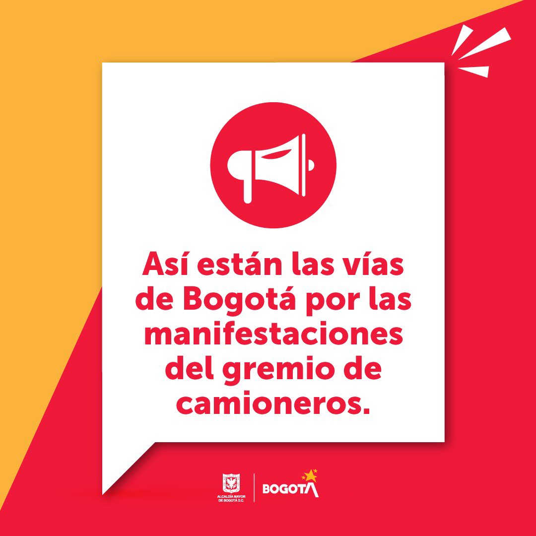 Bogota's tweet photo. Actualización
6:39 a.m.

👉🏼Carrera 7 con Calle 172

A la hora inicia bloqueo en este punto. Ruta alimentadora 2-4 Codito implementa desvio.

Persisten los bloqueos en los siguientes sitios:

👉🏼Avenida Suba con Avenida Ciudad de Cali

Buses de turismo realizan bloqueo. Ruta dual CM 84 realiza retornos en Portal Suba. Cancelada la alimentación en Portal Suba

👉🏼Sector Molinos

Persisten los retornos en la Calle 40 sur. Están cerradas las estaciones Santa Lucía, Consuelo, Socorro, Molinos y Portal Usme.

👉🏼Avenida Boyacá desde la calle 65 sur hasta las carrera 15 sur

Continúan los desvíos para rutas zonales y para las alimentadoras del Portal Tunal
