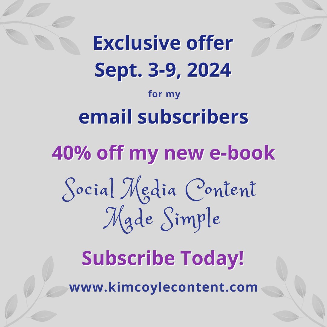 kcoyle1012's tweet photo. My e-book 'Social Media Content Made Simple' is now available exclusively to my email subscribers at a special 40% discount.
⁠
Not signed up yet? There’s still time to grab this special offer—sign up today at https://t.co/X8TrE0TQNN and start creating content with ease!⁠ https://t.co/KyKqT6Yzhh