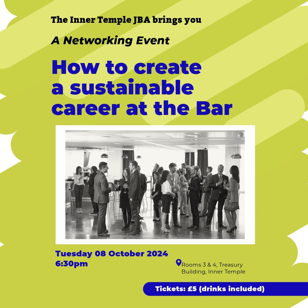 Calling everyone under 7 years' practice! You are invited to a fantastic networking opportunity about how to create a sustainable career at the Bar!!!

Tickets are a very small £5, which means that drinks are included. 

innertemple.org.uk/events/?id=EVT…
