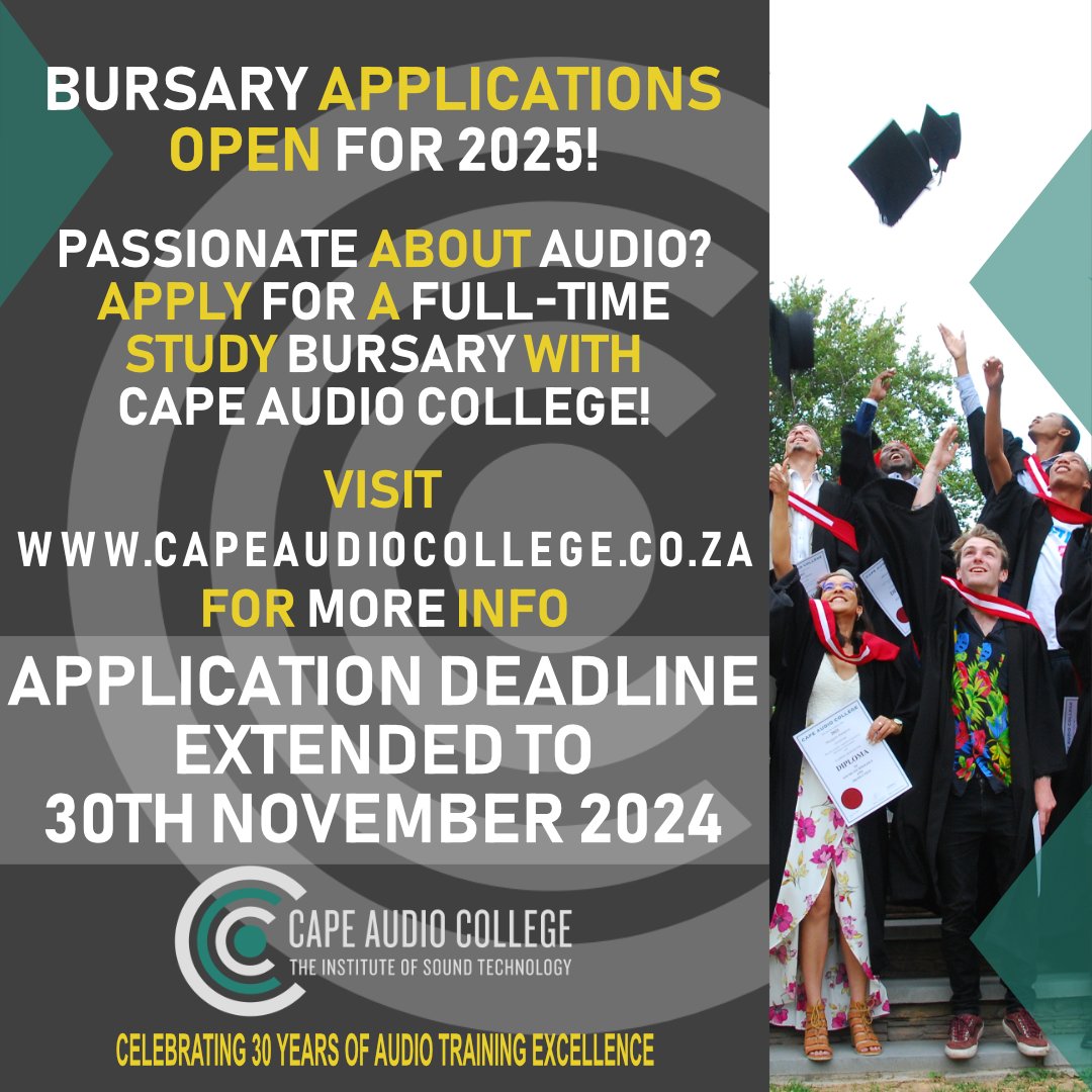 Unlock Your Future with a Bursary at Cape Audio College!  Are you passionate about audio and ready to turn your dreams into reality?  Full-time bursaries for 2025! Application Deadline extended:  30th November 2024 Follow link for more info: bit.ly/4bSDroR