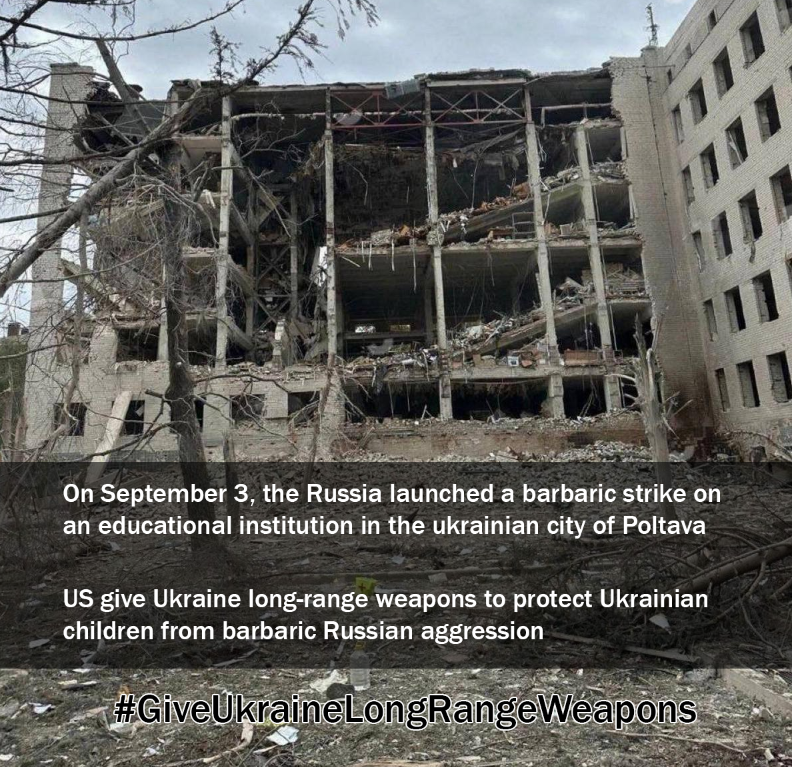 InformNapalm's tweet photo. On September 3, the Russian aggressor launched a barbaric strike on an educational institution in the city of #Poltava: according to preliminary data, more than four dozen people have been killed, around two hundred injured, and people are still trapped under the rubble. Russia is a terrorist state that can only be stopped by force, not diplomacy.
#GiveUkraineLongRangeWeapons