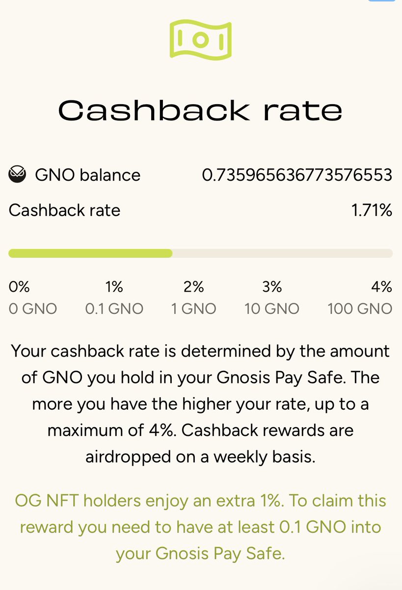 koeppelmann.eth π¦π³ (@koeppelmann) on Twitter photo .<a href="/GnosisDAO/">Gnosis π¦</a> has now approved 10k GNO (~$1.5m) as token incentives for <a href="/gnosispay/">Gnosis Pay π¦π³</a> user. It is as simple as sending at least 0.1 GNO (no lockup) to your pay <a href="/safe/">Safe.eth</a> and start earning 1-5% cash-back on card usage! .<a href="/GnosisDAO/">Gnosis π¦</a> has now approved 10k GNO (~$1.5m) as token incentives for <a href="/gnosispay/">Gnosis Pay π¦π³</a> user. It is as simple as sending at least 0.1 GNO (no lockup) to your pay <a href="/safe/">Safe.eth</a> and start earning 1-5% cash-back on card usage!