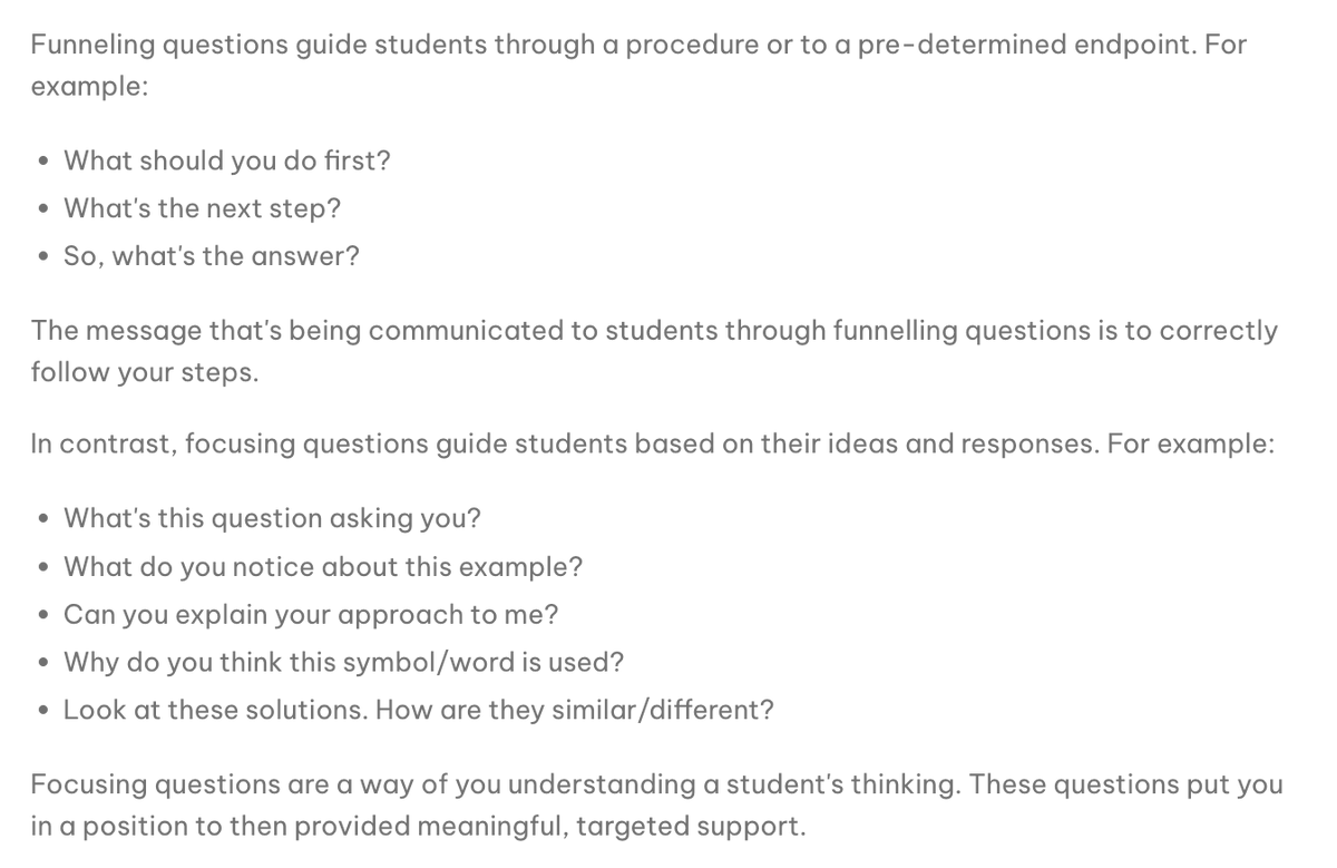 teacher2teacher's tweet photo. Not all questions are created equal, reminds educator @MathsCirclesOz!

To make sure she's asking questions that nurture Ss' mathematical thinking, instead of simply leading them to the right answer, she uses this framework: https://t.co/QAa99GyQCh https://t.co/fTGd9NqH2P