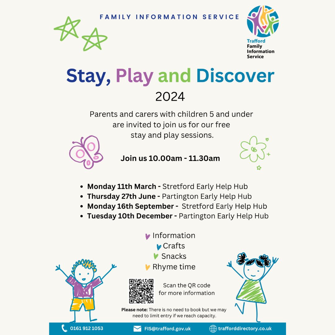 Parents and carers with children 5 and under are invited to join us for our free stay and play sessions, there will be:
•Information
•Crafts
•Snacks
•Rhyme Time

ow.ly/A40Z50Te9z9