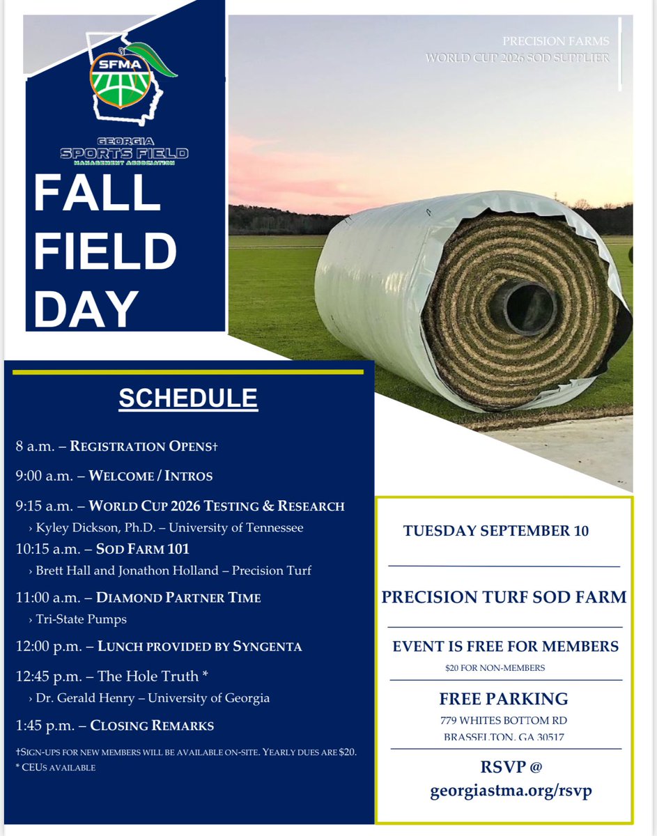 Georgia SFMA (@georgiasfma) on Twitter photo Updated with keynote <a href="/DicksonTurf/">Kyley Dickson</a>‼️
📍 <a href="/precision_turf/">Precision Turf, LLC</a>
📩 georgiastma.org/rsvp
#GaSFMA | <a href="/FieldExperts/">SFMA</a> Updated with keynote <a href="/DicksonTurf/">Kyley Dickson</a>‼️
📍 <a href="/precision_turf/">Precision Turf, LLC</a>
📩 georgiastma.org/rsvp
#GaSFMA | <a href="/FieldExperts/">SFMA</a>