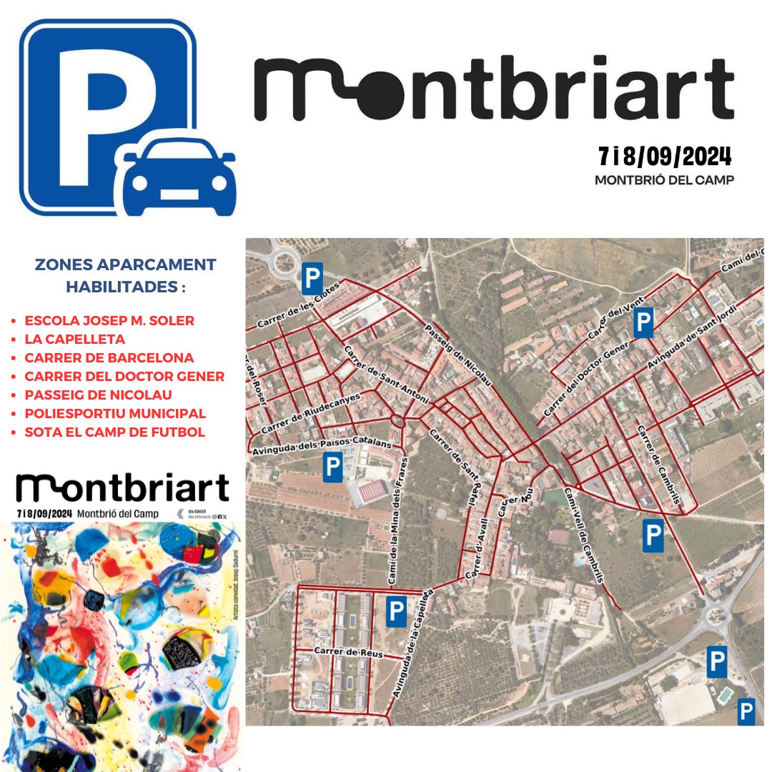 🚘🛵 Aquestes seran les zones d'aparcament habilitades durant els dos dies de la Mostra.
#Montbriart #Montbriart2024 #ArtAlCarrer #ArtAlsPortals #ArtALesEntrades #CulturaViva #MontbrióDelCamp