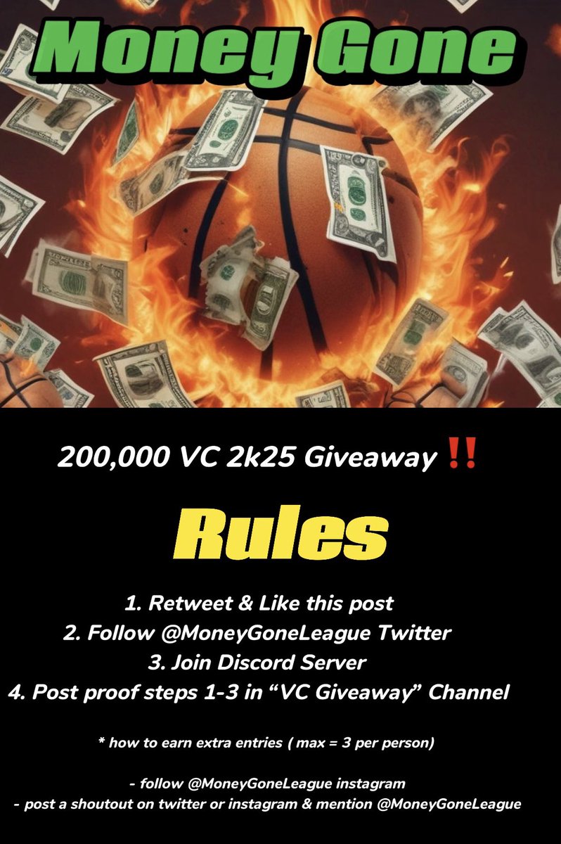 200,000 VC for 2k25 GIVEAWAY ($50 sent to you) ‼️

Rules🚨: 
1. Retweet &amp; Like this post (Twitter)
2. Follow <a href="/MoneyGoneLeague/">MONEY GONE LEAGUE</a> (Twitter)
3. Join Discord Server (Link in Bio)
4. Send proof of first 3 steps &amp; your game system in discord server 

 - I will be putting everyone in a