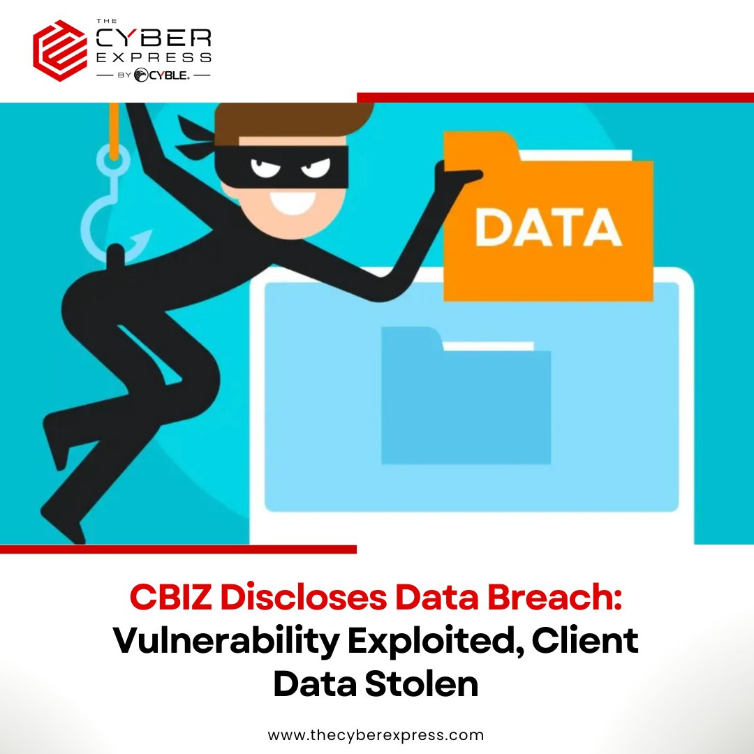 TheCyberExpress's tweet image. CBIZ Discloses Data Breach: Client data compromised!
Between June 2-21, 2024, a vulnerability in a CBIZ web page was exploited by a threat actor, accessing sensitive information. 

Stay informed: thecyberexpress.com/cbiz-data-brea…

#DataBreach #Cybersecurity #ClientData #ThreatIntelligence