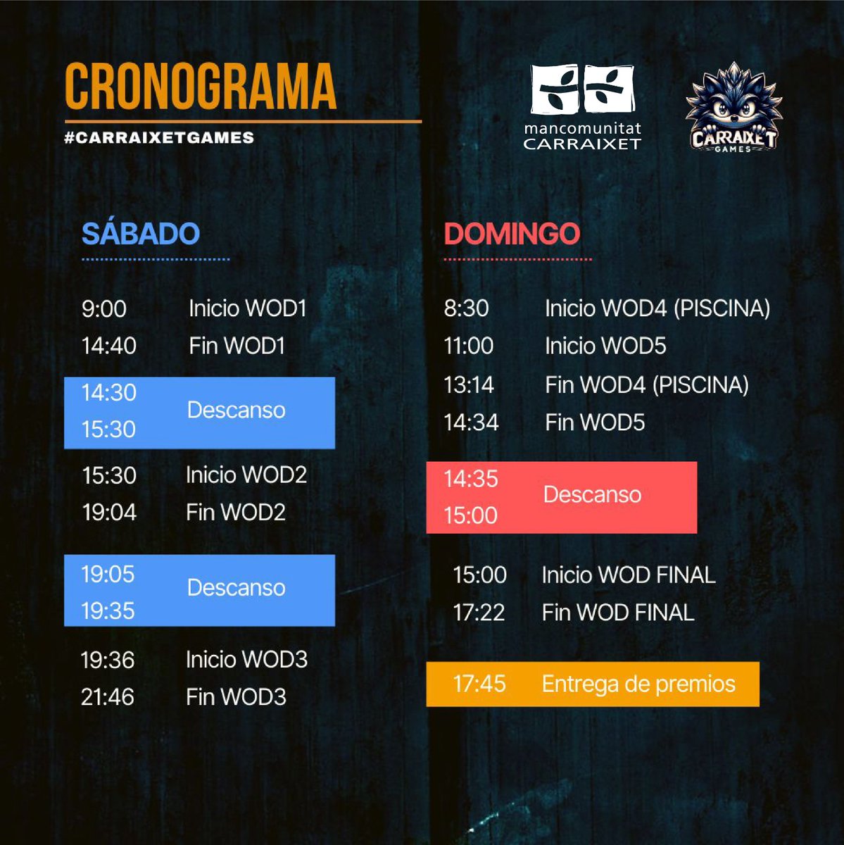 ESPORTS | I EDICIÓ DELS CARRAIXET GAMES  

🏋️‍♂️La #MancomunitatdelCarraixet col·labora en aquesta primera edició esportiva de Crossfit.   

📆Dissabte 7 i diumenge 8 de setembre. 

📍Poliesportiu Municipal de Bonrepòs i Mirambell.  

+info: mancocarraixet.es/va/noticia-pag…