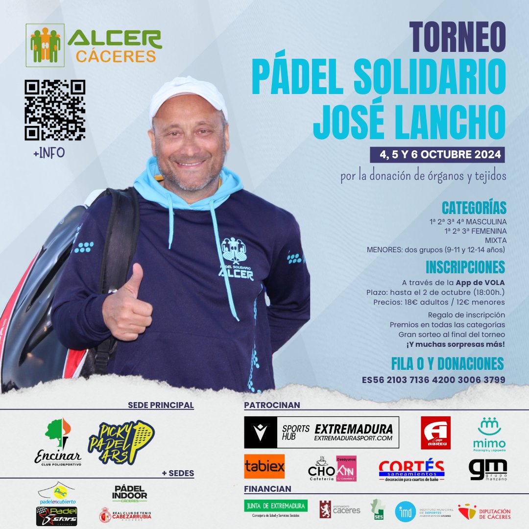 🎾TORNEO DE PADEL JOSÉ LANCHO
 
📅 4, 5, 6 de octubre

𝗜𝗡𝗦𝗖𝗥𝗜́𝗕𝗘𝗧𝗘 𝗔 𝗧𝗥𝗔𝗩𝗘́𝗦 𝗗𝗘 𝗩𝗢𝗟𝗔

+ inf en la web!! 👉 alcer-caceres.org/torneo-jose-la…
