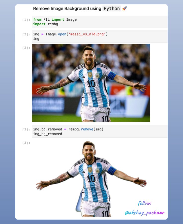 akshay_pachaar's tweet image. This Python library is so powerful! 🔥
Remove Background of an Image in just 5 lines of code! 🚀
Try yourself!👇