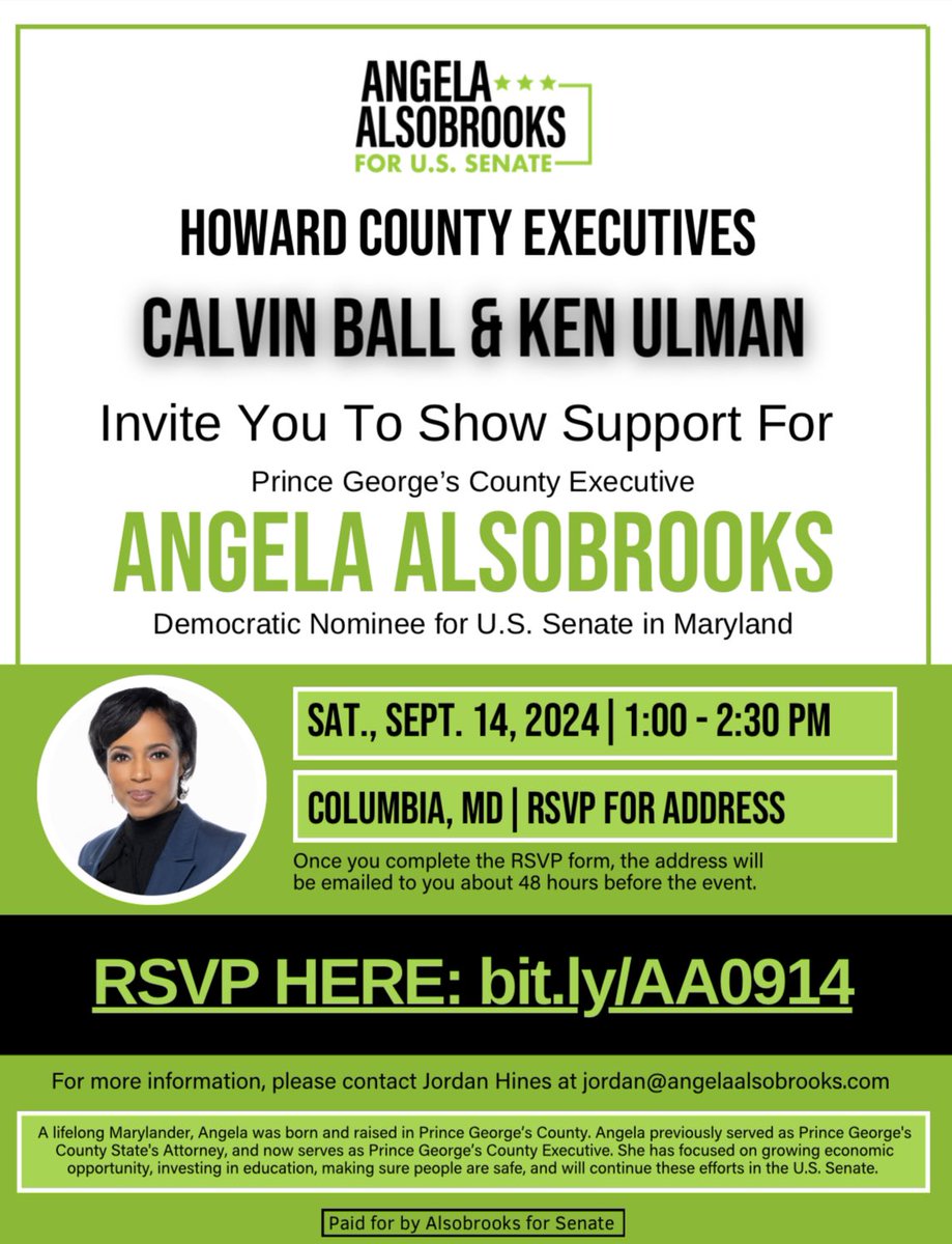Democracy is not a spectator sport, and we need you to get involved! 

It’s my honor to join my fellow County Executive Ken Ulman for a candid conversation with our very own Prince George’s County Executive Angela Alsobrooks. 

RSVP today at bit.ly/AA0914