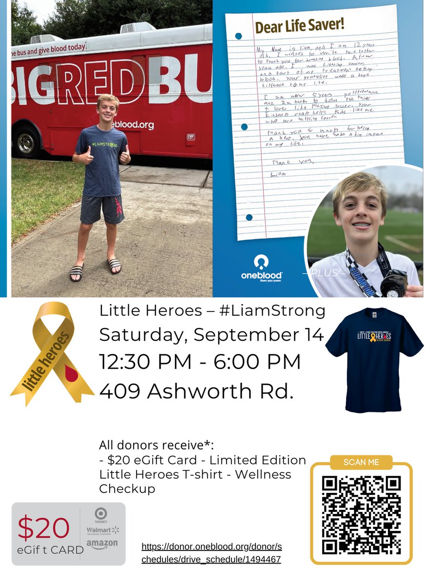 Shawn Flynn (@flynnshawn) on Twitter photo Liam created a post card asking people to save lives.
It's time for the #LittleHeroes Blood drive.
We're hosting the #LiamStrong blood drive at our house on Saturday, 9/14.
Sign up to save lives: donor.oneblood.org/.../sch.../dri…
<a href="/my1blood/">OneBlood</a>
<a href="/isftorch/">Isabella Santos Foundation</a>
<a href="/BoThompsonWBT/">Bo Thompson</a>
<a href="/wbtradio/">News Talk 1110 & 99.3 WBT</a> Liam created a post card asking people to save lives.
It's time for the #LittleHeroes Blood drive.
We're hosting the #LiamStrong blood drive at our house on Saturday, 9/14.
Sign up to save lives: donor.oneblood.org/.../sch.../dri…
<a href="/my1blood/">OneBlood</a>
<a href="/isftorch/">Isabella Santos Foundation</a>
<a href="/BoThompsonWBT/">Bo Thompson</a>
<a href="/wbtradio/">News Talk 1110 & 99.3 WBT</a>