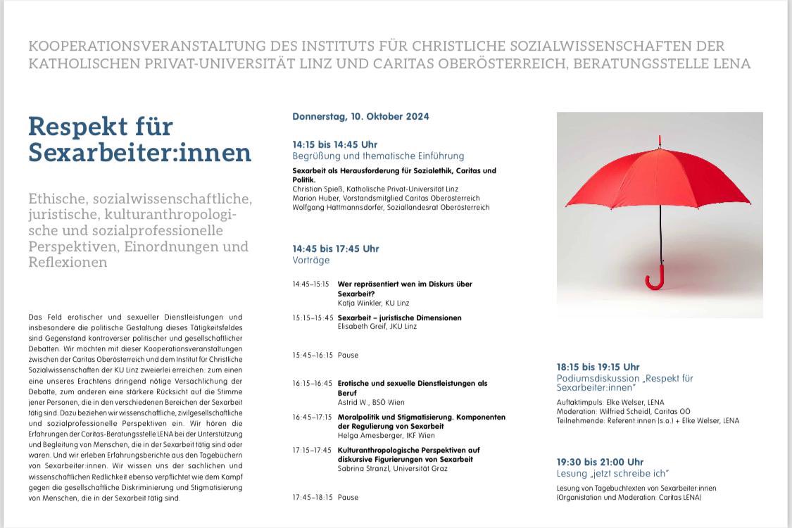 Am 10. Oktober findet an der Katholischen Privatuniversität Linz ein Symposium zum Thema “Respekt für Sexarbeiter*innen” statt und wir freuen uns, wenn viele interessierte Menschen teilnehmen! #sexarbeit #respekt #kulinz #LENALinz