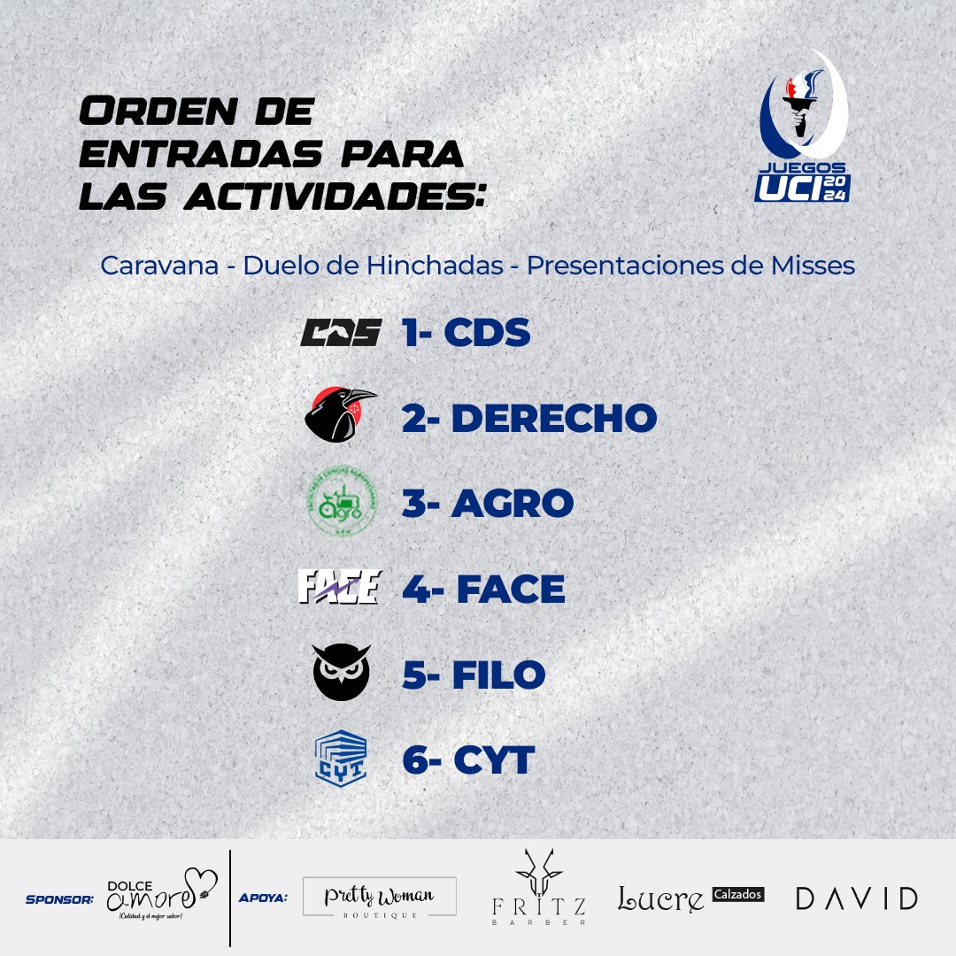 feuccipy's tweet photo. Te dejamos el orden de las presentaciones para que tengas en cuenta cuando pasa tu facultad🎊🤩✨🙌🏻
.
¿Estas listo para alentar a tu facu?🏆😉🎊 https://t.co/VfzK96GYCl