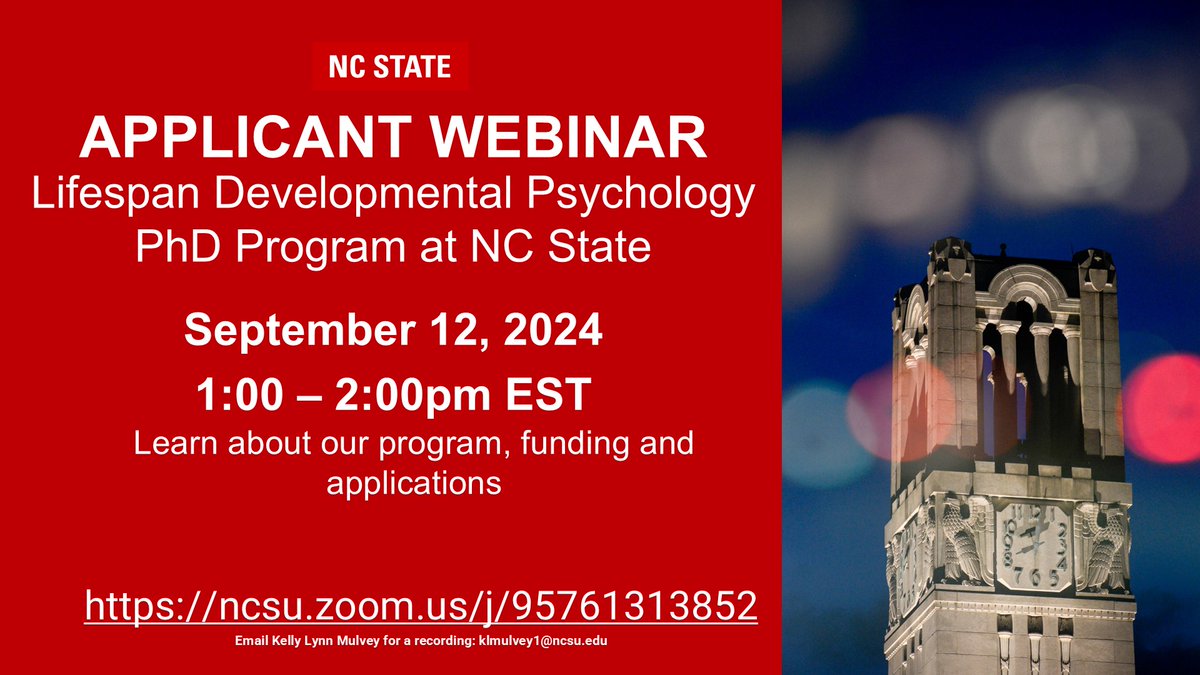 mulveykl's tweet image. Please join us for a webinar about the NCSU Lifespan Development PhD Program! Sept. 12, 1-2PM EST: ncsu.zoom.us/j/95761313852

Email for a recording: klmulvey1@ncsu.edu

@NCStatePsych @NCState