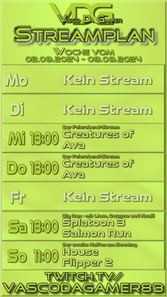 Morgen und Donnerstag geht's wieder nach Ava Kreaturen retten - in einen neuen Teil der Map!
Samstag ist der Big Run in Splatoon3 - zusammen mit <a href="/DwaynePoebel/">Dwayne Poebel</a>, @Knalli90 und <a href="/Lhun_/">Lhun</a> verteidigen wir eine neue Map gegen Salmoniden.
Und Sonntag wird das Ferien-Resort fertig gestellt