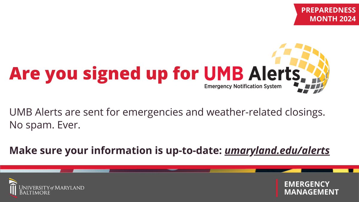 UMBOEM's tweet photo. Being a #PreparednessAmbassador means staying informed! UMB Alerts are sent for emergencies and weather-related closings. Receiving this life-saving information is critical, even if you're in class or a meeting. Learn how to set up break-through alerts: https://t.co/F28SyZdyvm https://t.co/EaYUxNM8MQ