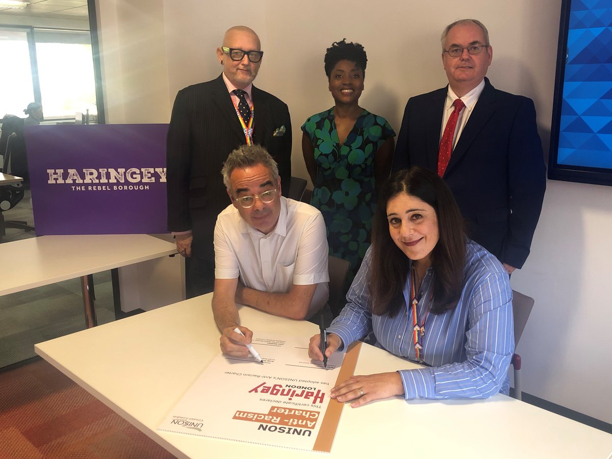 haringeycouncil's tweet photo. The Leader, Cllr @perayahmet, &amp; our Chief Executive, Andy Donald, have signed @unisontheunion's #AntiRacismCharter with senior @Haringey_Unison representatives today.

#Haringey has a #proud record of standing up against prejudice &amp; there's no place for hate in our #RebelBorough. https://t.co/e7TzaEOcM9
