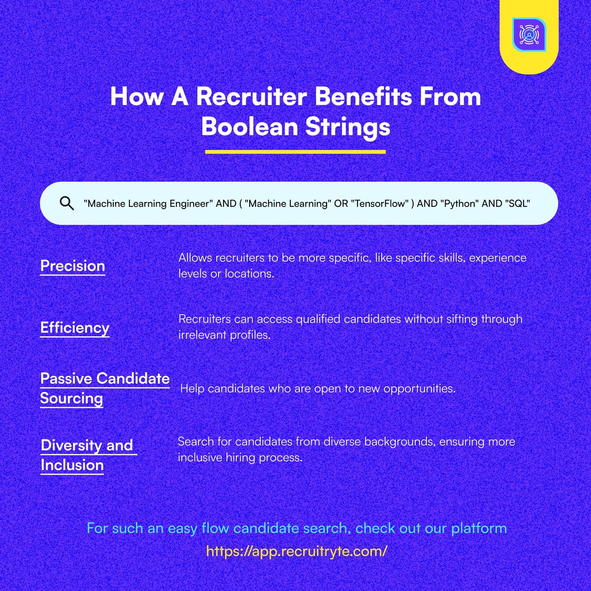 recruitRyte's tweet image. #BooleanSearch #BooleanStrings #SearchEngineOptimization #RecruitmentStrategies #BooleanOperators #TechSearch #BooleanQueries #SearchTechniques #RecruitmentTools #DataMining
For such an easy flow candidate search, check out our platform zurl.co/hUHQ for FREE!!