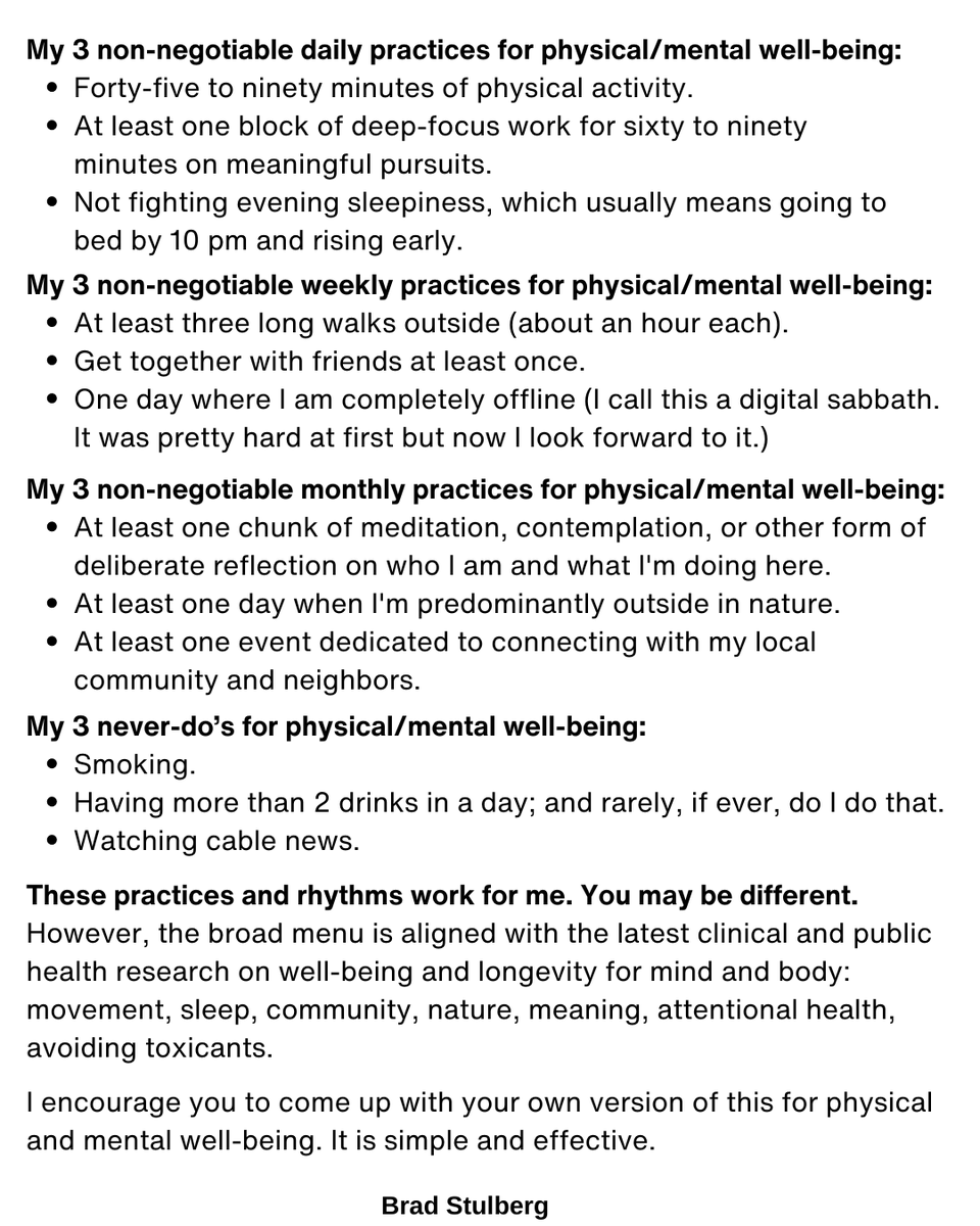 BStulberg's tweet image. Three daily, weekly, and monthly practices.
And three never-do's.

A simple yet powerful idea for physical and mental well-being. Stick to it for six months and see what happens: