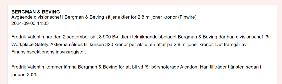 StocksundStocks's tweet photo. Ny månad och nytt insynssälj i Bergman &amp; Beving. Denna gång divisionschefen för Workplace Safety (som säljer för 2.8 mkr). 3 insynssälj senaste månaden för totalt 10 mkr. P/E-talet över 40x och negativa utsikter för bygg/industri. Hur kan aktien stå över 300 kr? $BERG https://t.co/lwQARWUjPb