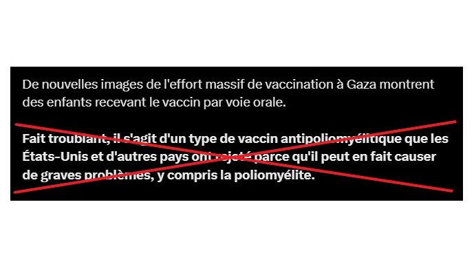 Le vaccin oral contre la polio distribué en ce moment aux enfants de Gaza serait dangereux et aurait été "rejeté" par plusieurs pays occidentaux ? ⚠️Attention à cette infox qui circule sur X: il ne s'agit pas du même vaccin. #AFP 1/4